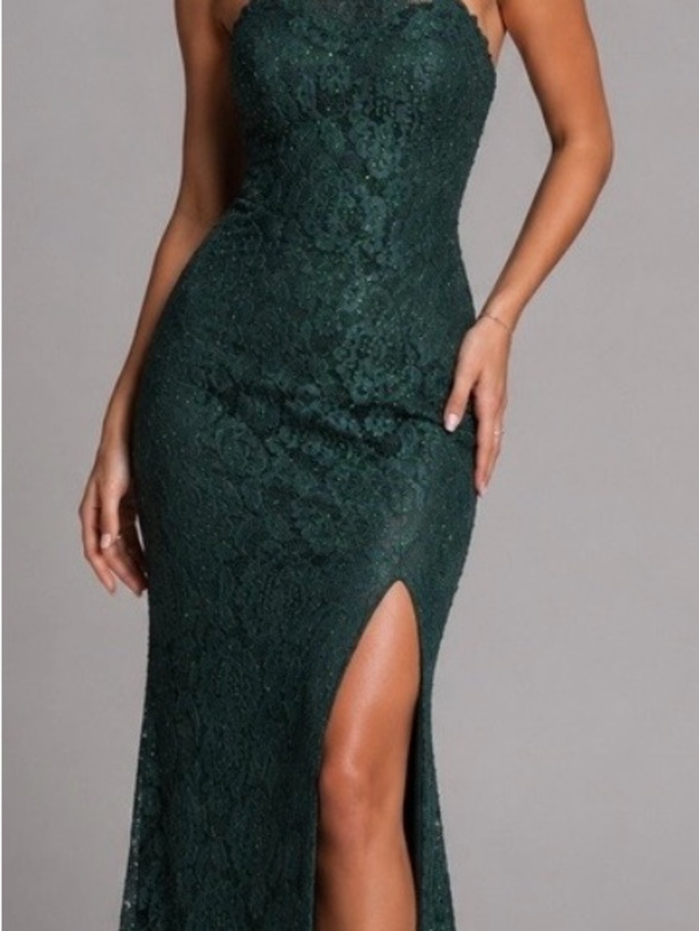 Elegant Dark Green Lace Evening Dress with Thigh Slit